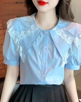 Blue puff sleeve shirt doll collar tops for women