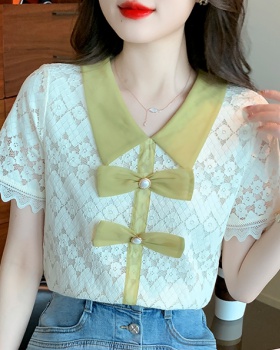 Lace chiffon shirt short sleeve hollow tops for women