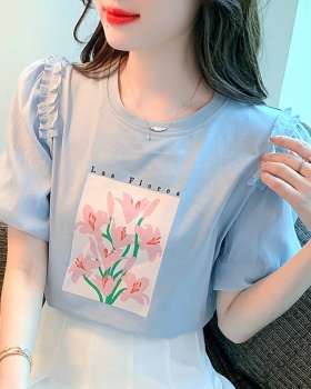 Refreshing printing tops puff sleeve summer T-shirt for women