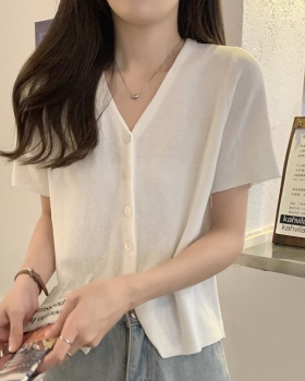 Pure thin knitted tops short sleeve V-neck cardigan for women
