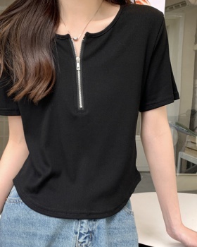 Short sleeve all-match T-shirt Korean style zip tops for women