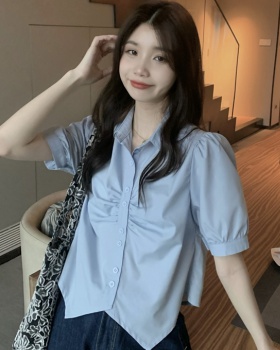 Lapel summer puff sleeve tops blue slim Korean style shirt