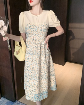 Frenum Japanese style short sleeve retro splice bow dress