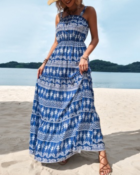 Blue summer dress round neck long dress for women