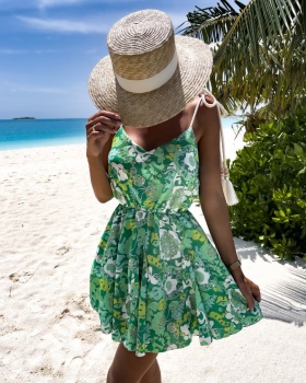 Summer big skirt printing V-neck sling European style dress