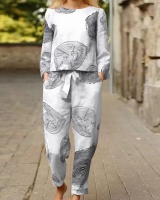 European style printing tops autumn pants 2pcs set for women