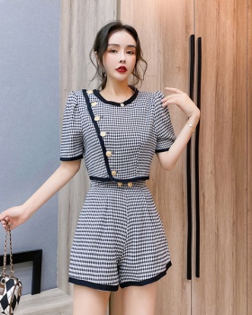 Slim houndstooth tops single-breasted shorts 2pcs set