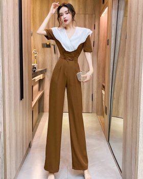 Mixed colors Western style jumpsuit V-neck long pants