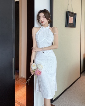 Retro lace halter formal dress package hip knitted dress