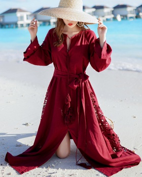 Retro red chiffon long dress long split vacation dress
