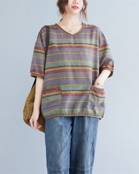 Mixed colors cotton linen tops V-neck retro T-shirt for women