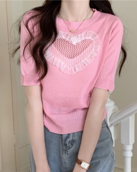 Summer heart tops short sleeve lace sweater for women