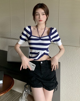 Summer slim knitted T-shirt square collar stripe tops