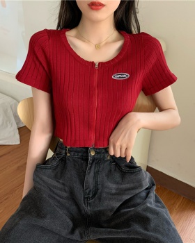 Short zip short sleeve T-shirt slim Korean style tops