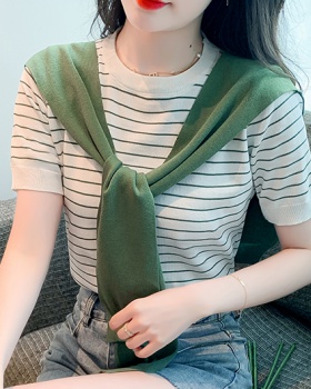 Pseudo-two stripe T-shirt round neck knitted small shirt