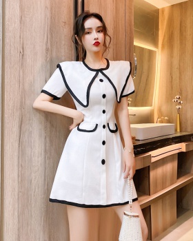Slim mixed colors single-breasted pinched waist dress