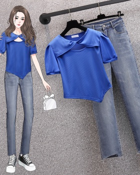Fat sister fashion T-shirt summer jeans 2pcs set