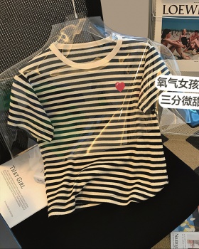 Korean style summer heart T-shirt stripe embroidery tops