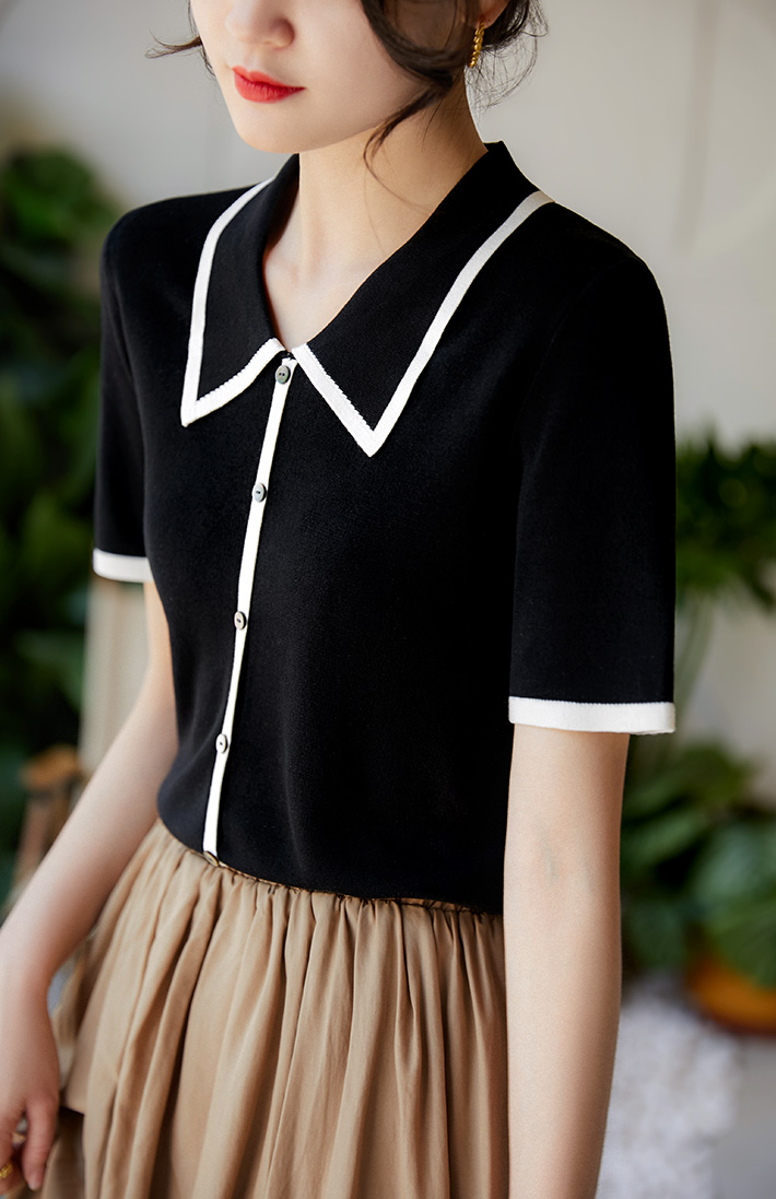 Lapel silk cotton black-white fashion and elegant tops