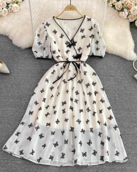 France style bow bubble printing slim dress