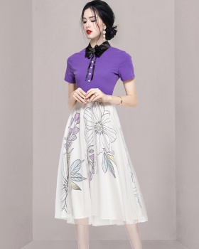 Fashion printing slim splice temperament high waist dress
