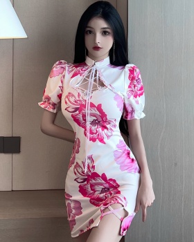 Package hip printing cheongsam sexy bandage dress