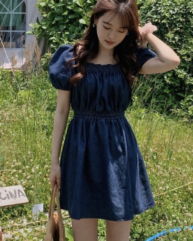 Pinched waist denim square collar lovely dress