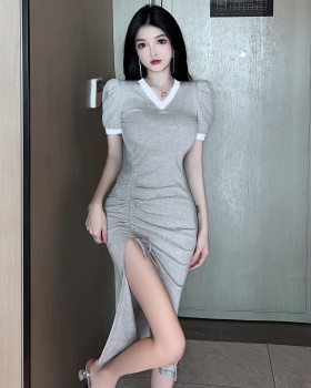 Puff sleeve V-neck split mixed colors tight sexy dress