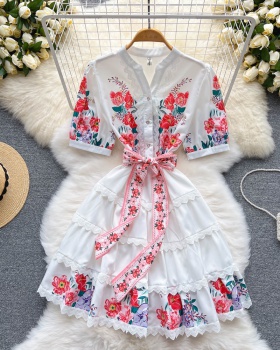 Printing summer European style pinched waist dress for women