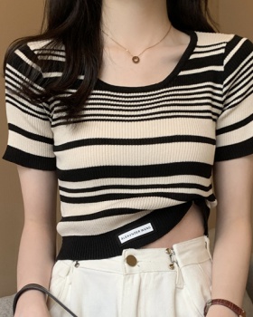 Square collar all-match slim Korean style stripe tops