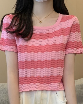 Short sleeve stripe Korean style unique knitted tops