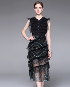 Gauze light summer embroidery black skirt 2pcs set
