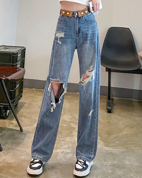 Wide leg straight holes jeans summer thin pants