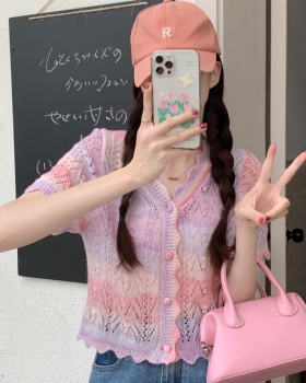 Knitted summer short tops hollow tie dye cardigan for women