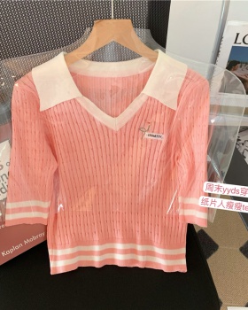 Sweet slim unique tops pink summer short sleeve sweater for women