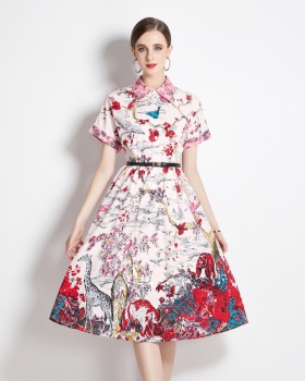 Printing pinched waist summer fashion temperament dress