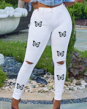 Personality European style printing holes slim jeans