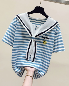 Stripe summer tops embroidery short sleeve T-shirt for women