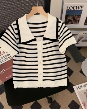 Knitted stripe heart cardigan summer hollow T-shirt for women