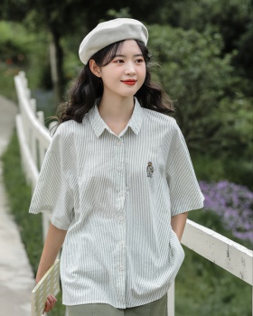Summer embroidery stripe lapel short sleeve shirt for women