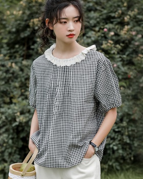 Summer art Japanese style shirt buckle puff sleeve plaid tops
