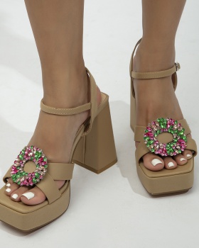 High-heeled summer thick lady pink rhinestone sandals