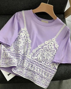 Korean style summer tops Pseudo-two splice T-shirt for women