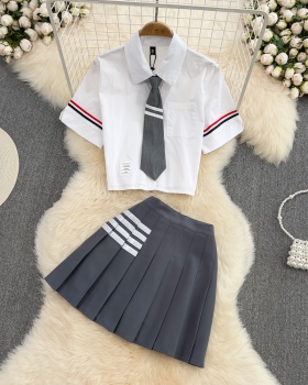 Pleated white shirt fashion short skirt 2pcs set for women