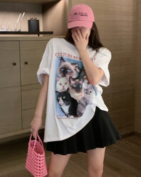 All-match simple kitty cozy printing pattern summer T-shirt