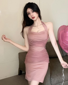 Short halter gauze slim summer pink dress