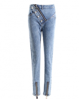 Straight slim placket pants slit zip decoration summer jeans