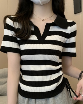 Drawstring knitted short sleeve retro stripe tops
