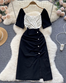 Square collar split slim France style dress for women