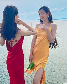 Split yellow slim long dress beautiful travel beach dress